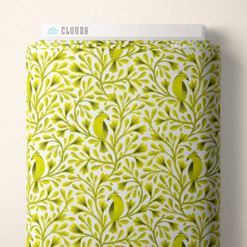 Dark Lime Citrine Birds and Branches Cotton 44”/45” Fabric Per Yard