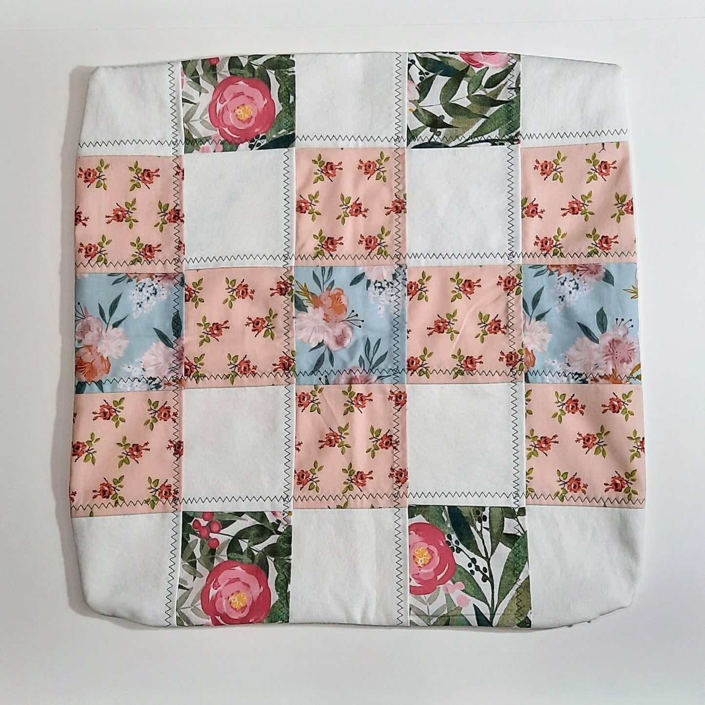 Patch work pillow cover with flowers. Size: 18"x18"