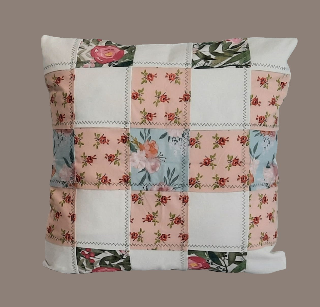 Patch work pillow cover with flowers. Size: 18"x18"