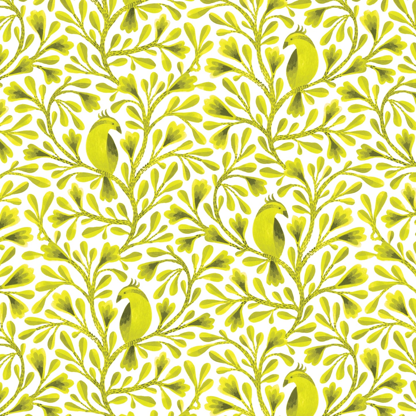 Dark Lime Citrine Birds and Branches Cotton 44”/45” Fabric Per Yard