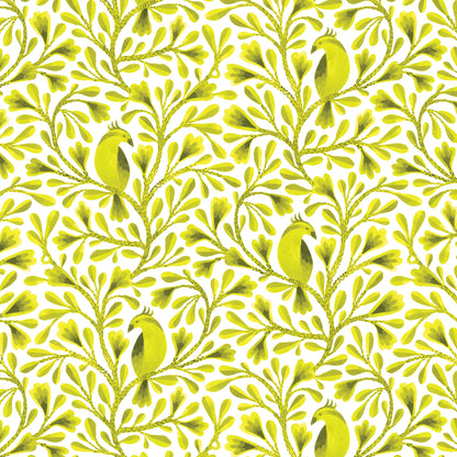 Dark Lime Citrine Birds and Branches Cotton 44”/45” Fabric Per Yard