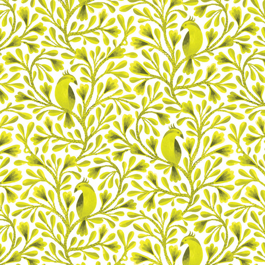 Dark Lime Citrine Birds and Branches Cotton 44”/45” Fabric Per Yard