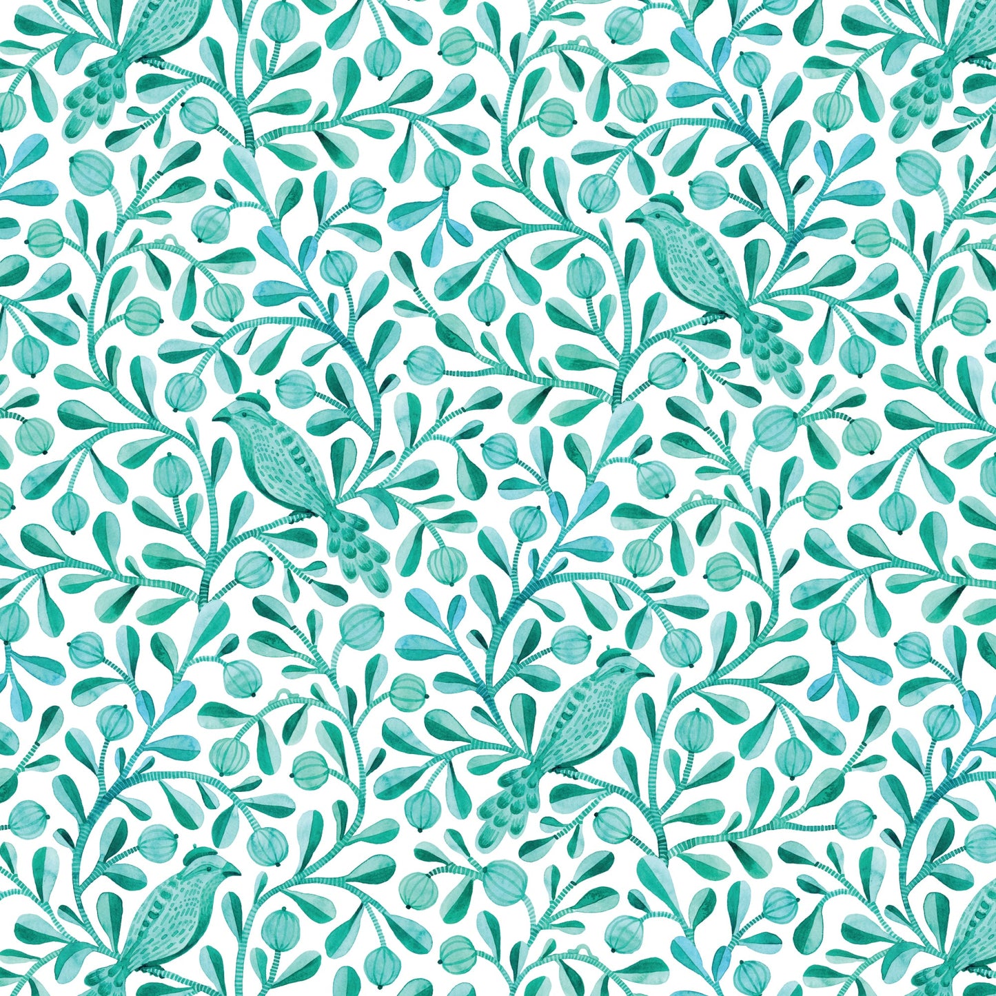Turquoise Felipe Birds and Branches Cotton 44”/45” Fabric Per Yard