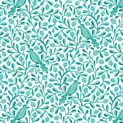 Turquoise Felipe Birds and Branches Cotton 44”/45” Fabric Per Yard