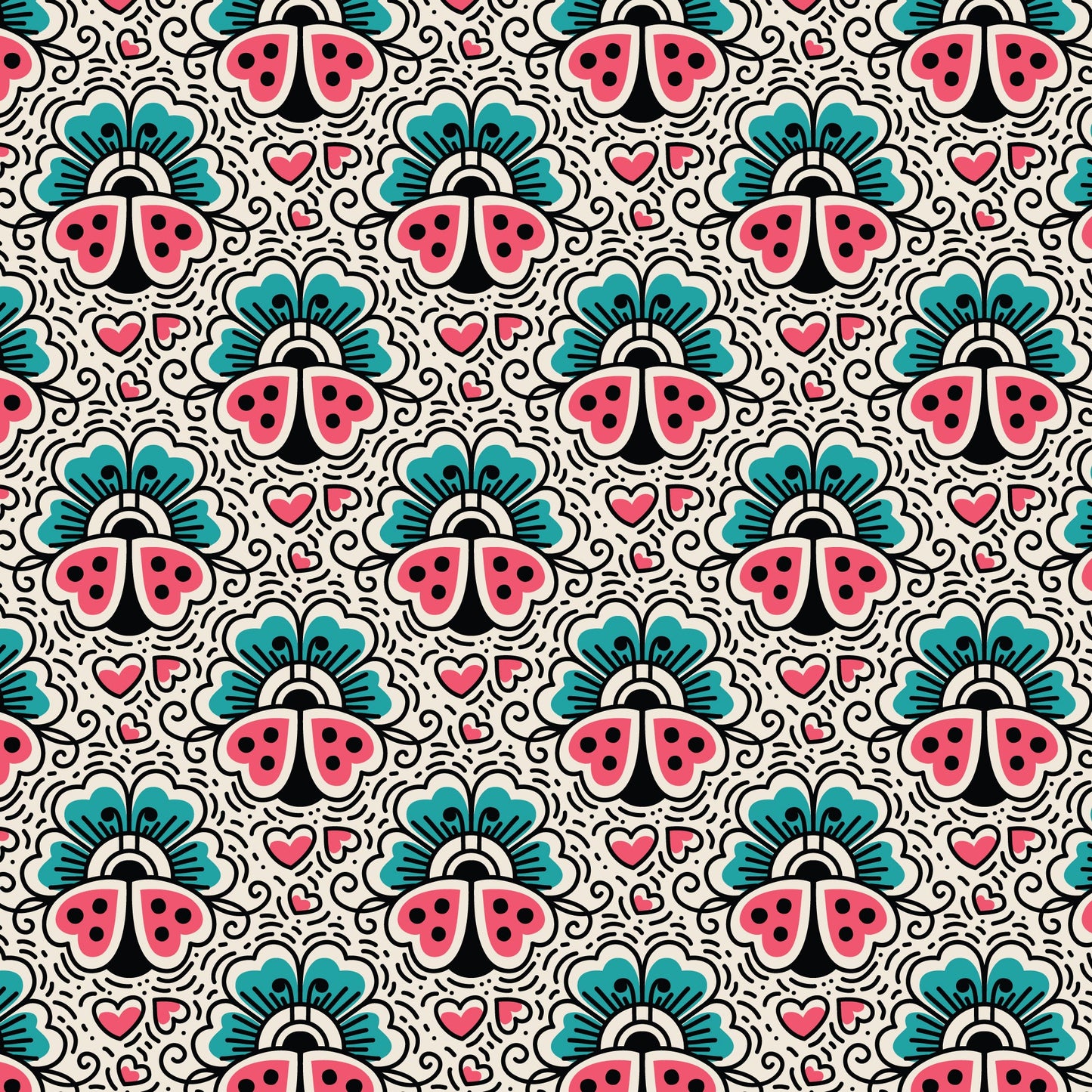 Ladybugs and Flowers Love Ink 3387 Cotton 44”/45” Fabric Per Yard