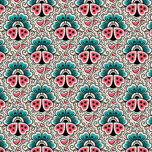 Ladybugs and Flowers Love Ink 3387 Cotton 44”/45” Fabric Per Yard