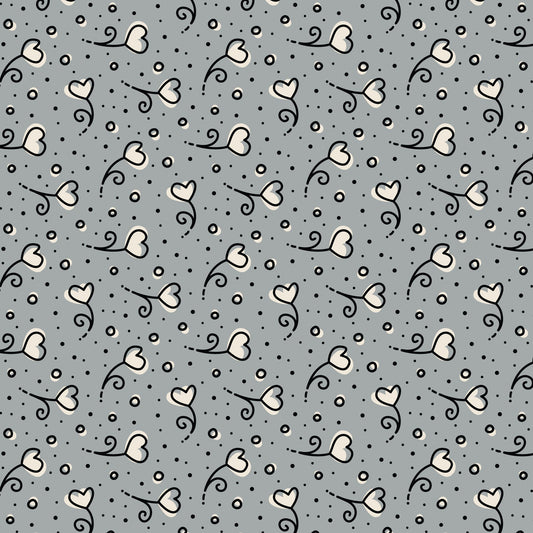 Gray Heart Blossoms Love Ink 3384 Cotton 44”/45” Fabric Per Yard