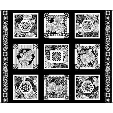 Black & White Floral Picture Patches Cotton 44"/45" Fabric Per Yard