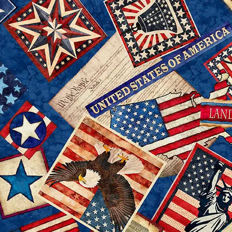Blue Patriotic Collage Wideback Cotton Fabric per yard