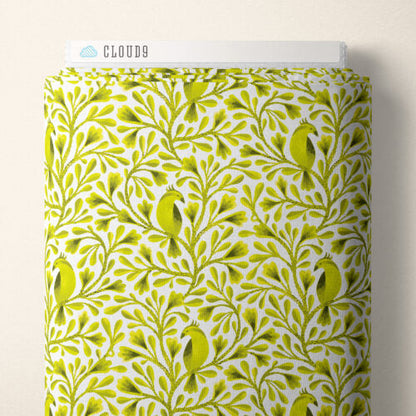 Dark Lime Citrine Birds and Branches Cotton 44”/45” Fabric Per Yard