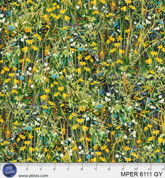 Green / Yellow Floral Meadow Perch MPER-6111-GY Cotton 44”/45” Fabric Per Yard