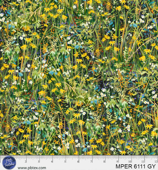 Green / Yellow Floral Meadow Perch MPER-6111-GY Cotton 44”/45” Fabric Per Yard