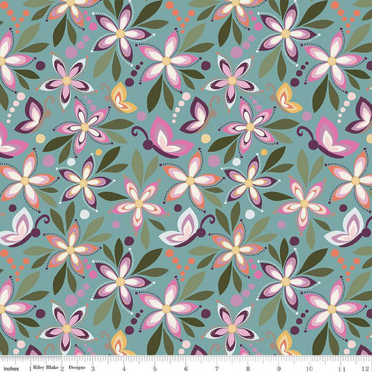 Juju's Petals Main Teal Cotton 43"/44" Fabric Per Yard