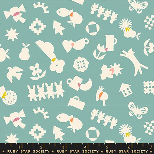 Paper Cuts 2 Water Turquoise Icons Ephemera Cotton 43"/44" Fabric Per Yard